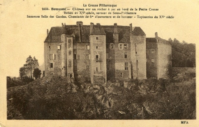 Boussac Castle on a rock on the edge of the Petite Creuse river