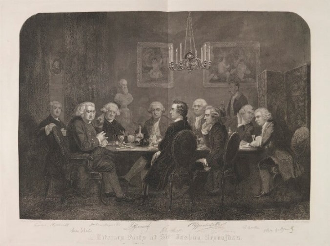 A Literary Party at Sir Joshua Reynolds's by D. George Thompson engraver, after James William Edmund Doyle. (Edmund Burke is the dark-haired gentleman, seated front and center with his legs crossed)